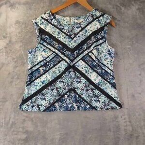 Cato Women's Sleeveless Top L Blue‎ Floral Geometric Stretch Career Modern Artsy
